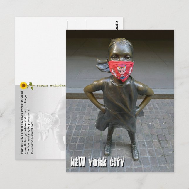 Fearless Girl med broderad mask, NYC - V vykort (Fram/baksida)