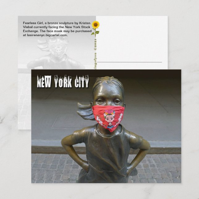 Fearless Girl w/embroized mask, NYC - H vycard Vykort (Fram/baksida)