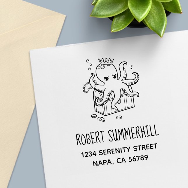 Fearsome Octopus Guarding Treasure Chest Adress Självfärgande Stämpel (Skapare uppladdad)