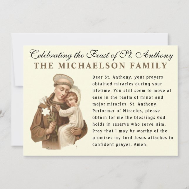 Feast of St. Anthony Padua Catholic Prayer Card Kort (Framsida)