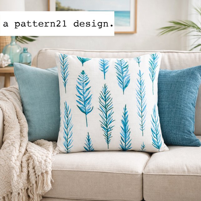 feather and fern blues pattern kudde (Watercolor fern pillow adds fresh blue botanical pattern to relaxed coastal interiors)