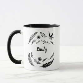 Feather, Bird and Leaves Line Art Custom Name Mugg