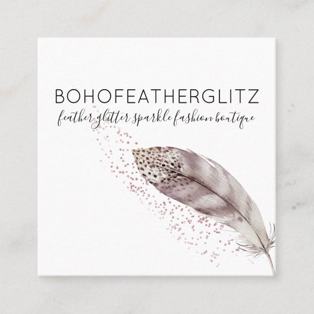 Feather Boho Glitter Simple Elegant Fyrkantigt Visitkort (Framsida)