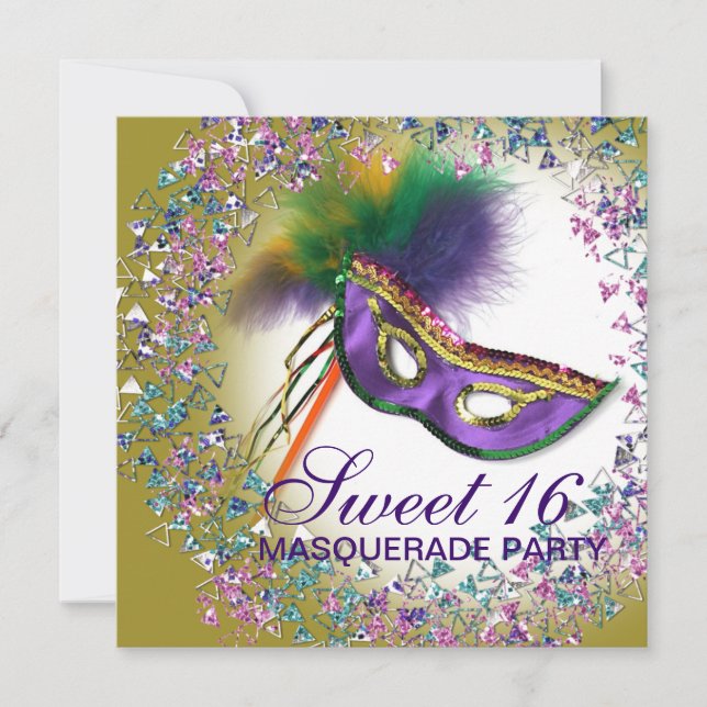 Feather Mask Lila Sweet 16 Masquerad Party Inbjudningar (Framsida)