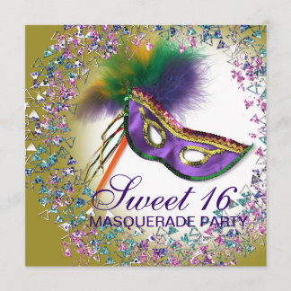 Feather Mask Lila Sweet 16 Masquerad Party Inbjudningar