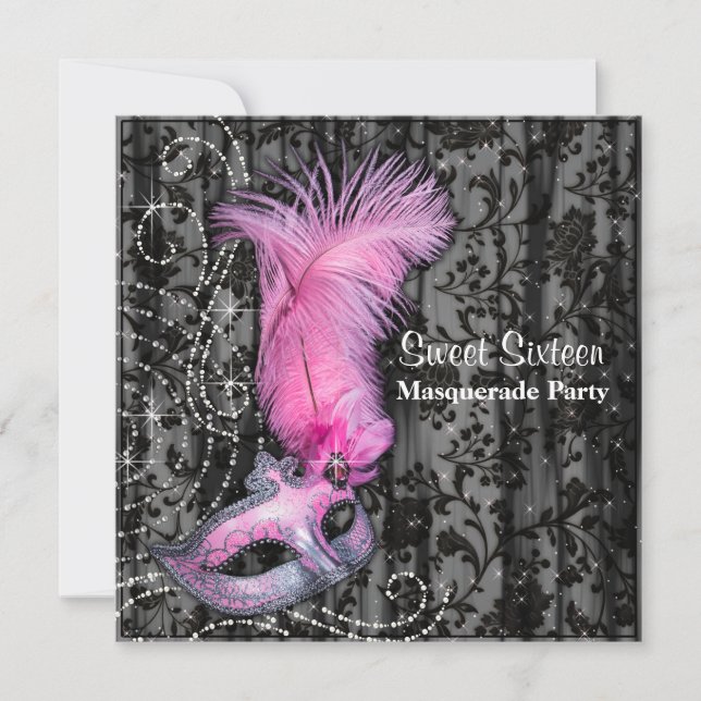 Feather Mask Rosa Black Sweet 16 Masquerad Party Inbjudningar (Framsida)