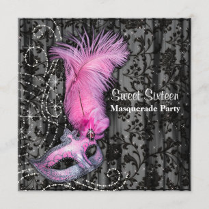 Feather Mask Rosa Black Sweet 16 Masquerad Party Inbjudningar
