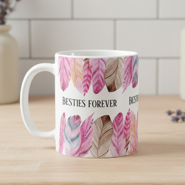 Feather Mugg Besties Forever (personalized mug with pink feathers)