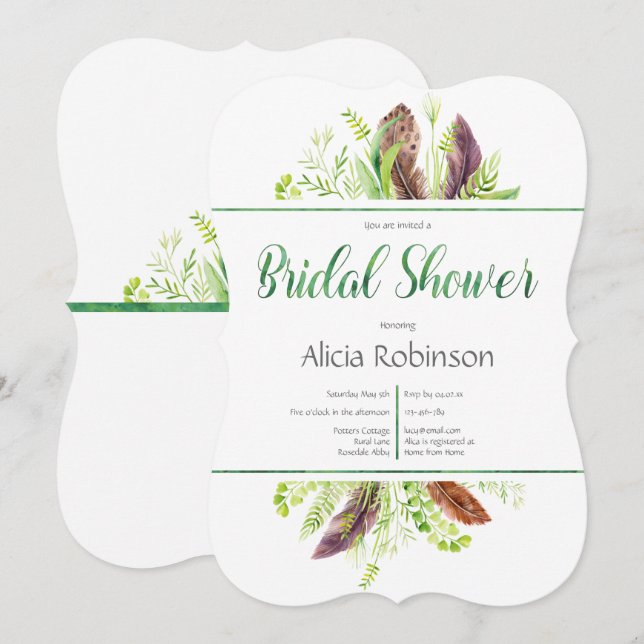 Feather och Foliage Boho Inbjudningskort för möhip (Fram/baksida)