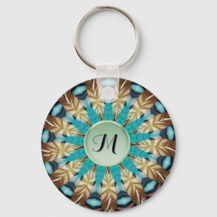 Feather Teal, brun, blå och Grönt Mandala Nyckelring