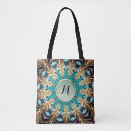 Feather Teal, brun, blå och Grönt Mandala Tote Tygkasse