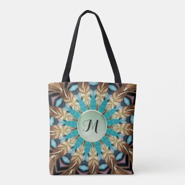 Feather Teal, brun, blå och Grönt Mandala Tote Tygkasse (Baksida)