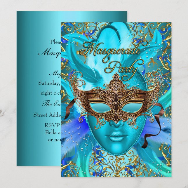 Feather Teal Guld Mask Masquad Party Inbjudan (Fram/baksida)