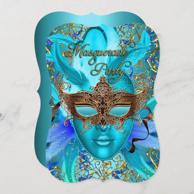 Feather Teal & Guld Mask Masquerad Party Inbjudan (Fram/baksida)