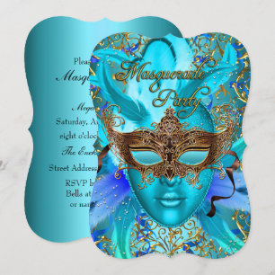 Feather Teal & Guld Mask Masquerad Party Inbjudan