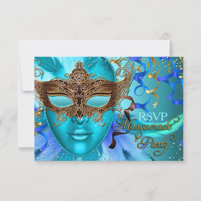 Feather Teal Guld Mask MasqueraOSA Party OSA Kort (Framsida)