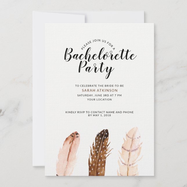 Feather Watercolor Bachelorette-partiets inbjudan (Framsida)