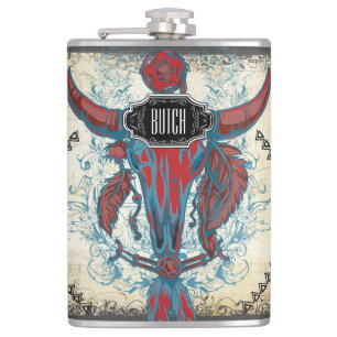 Feathers Black Red Blue Cow Skull Blommigt Tribal Fickplunta