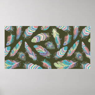 Feathers Boho Seamless Mönster. Etniskt stambaser Poster