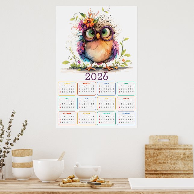 Feathers & Flowers: 2026 Owl Calendar Poster (Kök)