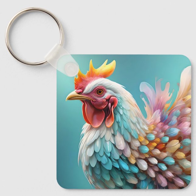"Feathers of Färg: The Rainbow Chicken" Nyckelring (Framsida)