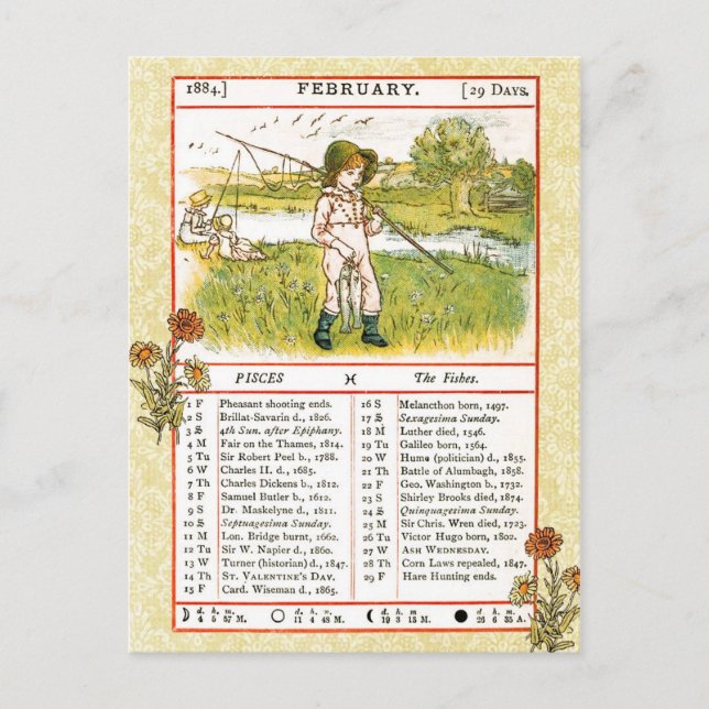 Februari 1884 Almanac. Pisces, fisken Vykort (Framsida)