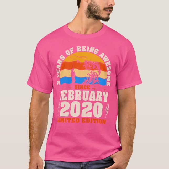 Februari 2020 3 År Gamla Fiskelskare 3:e Födelsed T Shirt (Framsida)