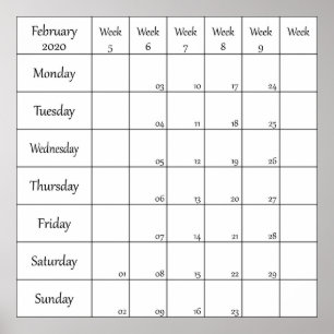 februari 2020 planerarkalender med veckonummer poster