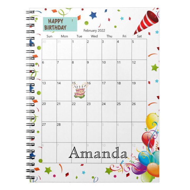 Februari 2022 Kalender Grattis på födelsedagen bär Anteckningsbok (Framsidan)