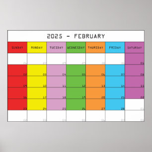 Februari 2025 färgdagar kalender planerare poster