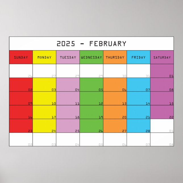 Februari 2025 kalender med färgdagars planerare poster (Framsidan)