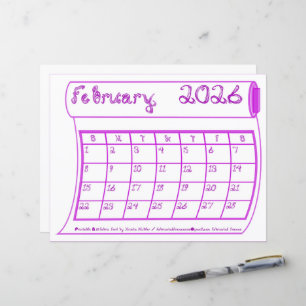 Februari 2026 Kalender Lila Tyg Font Papper