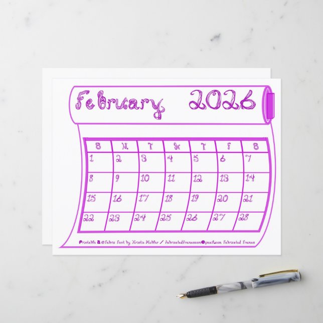 Februari 2026 Kalender Lila Tyg Font Papper (Fram/Back In Situ)