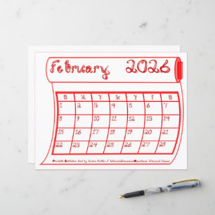 Februari 2026 Kalender Röd Bolt Tyg Font Papper