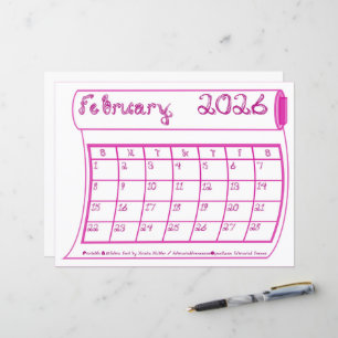 Februari 2026 Kalender Rosa Tygfont Papper
