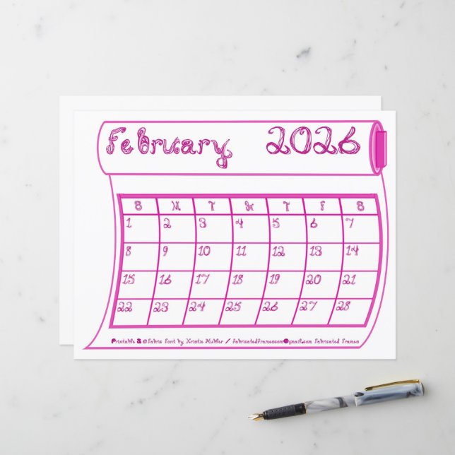 Februari 2026 Kalender Rosa Tygfont Papper (Fram/Back In Situ)