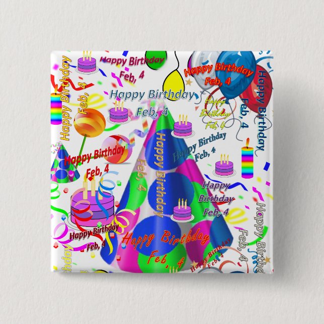Februari, 4 Birthday Square Button Knapp (Framsida)
