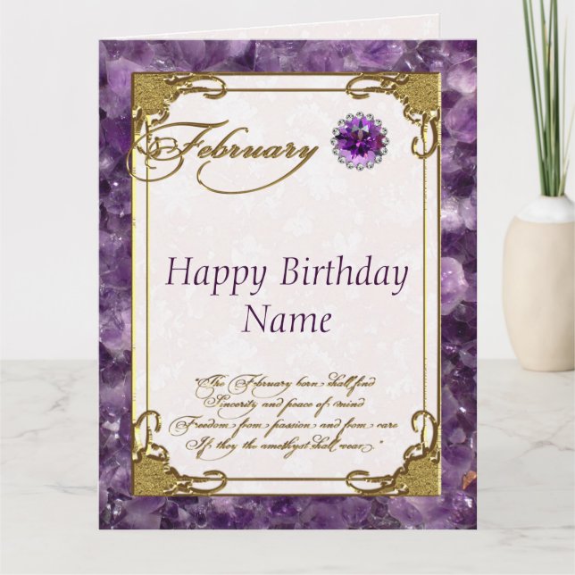 Februari Amethyst Birthstone Birthday 8.5x11 Kort (Framsida)
