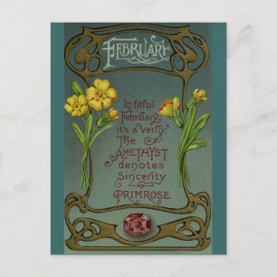 Februari Birthday Primrose & Amethyst Vykort