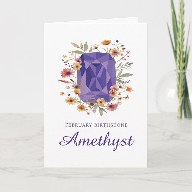 Februari Birthstone Amethyst Birthday med Flowers Kort (Framsida)