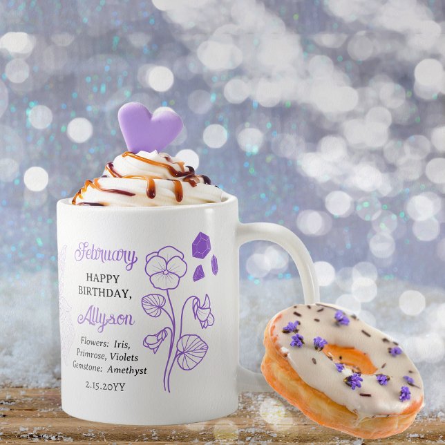 Februari Blommigt | Amethyst Birthday Keepsaké Kaffemugg (February Floral and  Amethyst Birthstone Birthday Keepsake Coffee Mug)