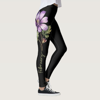Februari Flower, Lila Violet on Black Leggings