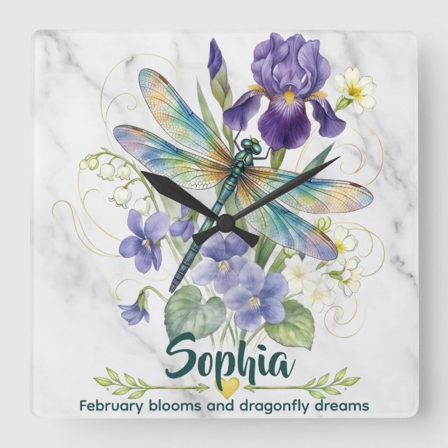 Februari Födelseblomma Iris Violett Trollslända Vä Fyrkantig Klocka (Framsida)