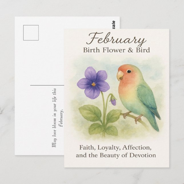 Februari Födelsedag Kristna Blommiga Kärleksfågel  Vykort (Fram/baksida)