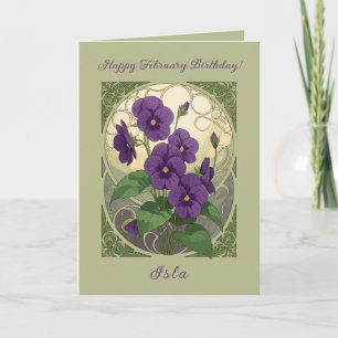 Februari Födelsedag Viola Blommor Art Nouveau Stil Kort