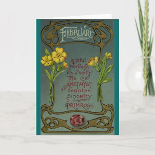 Februari födelsedagPrimrose & Amethyst Kort