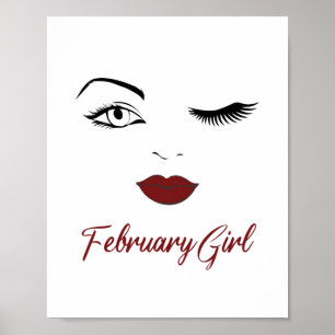 Februari Girl Ögon Cute Red Läppar Wink Birthday Poster