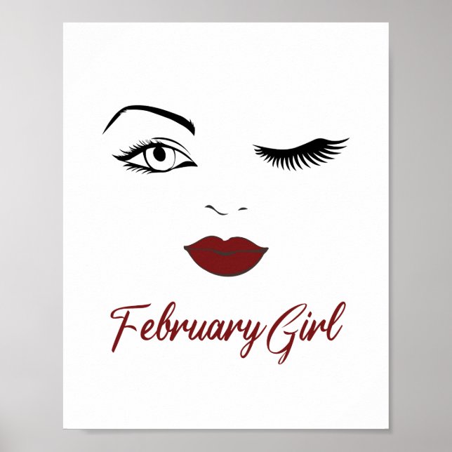 Februari Girl Ögon Cute Red Läppar Wink Birthday Poster (Framsidan)