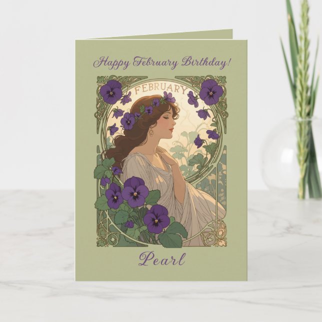 Februari Viola Födelsedagsblomma i Art Nouveau-sti Kort (Framsida)