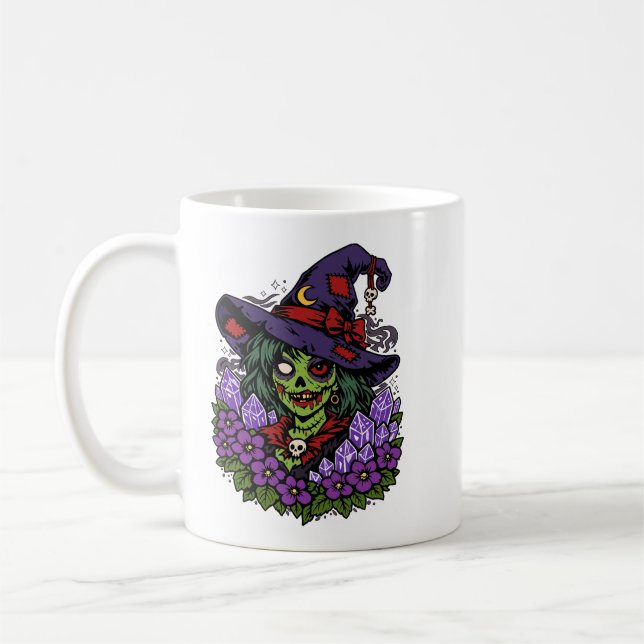 Februari Zombiehäxa med ädelstenar och blommor Kaffemugg (Vänster)